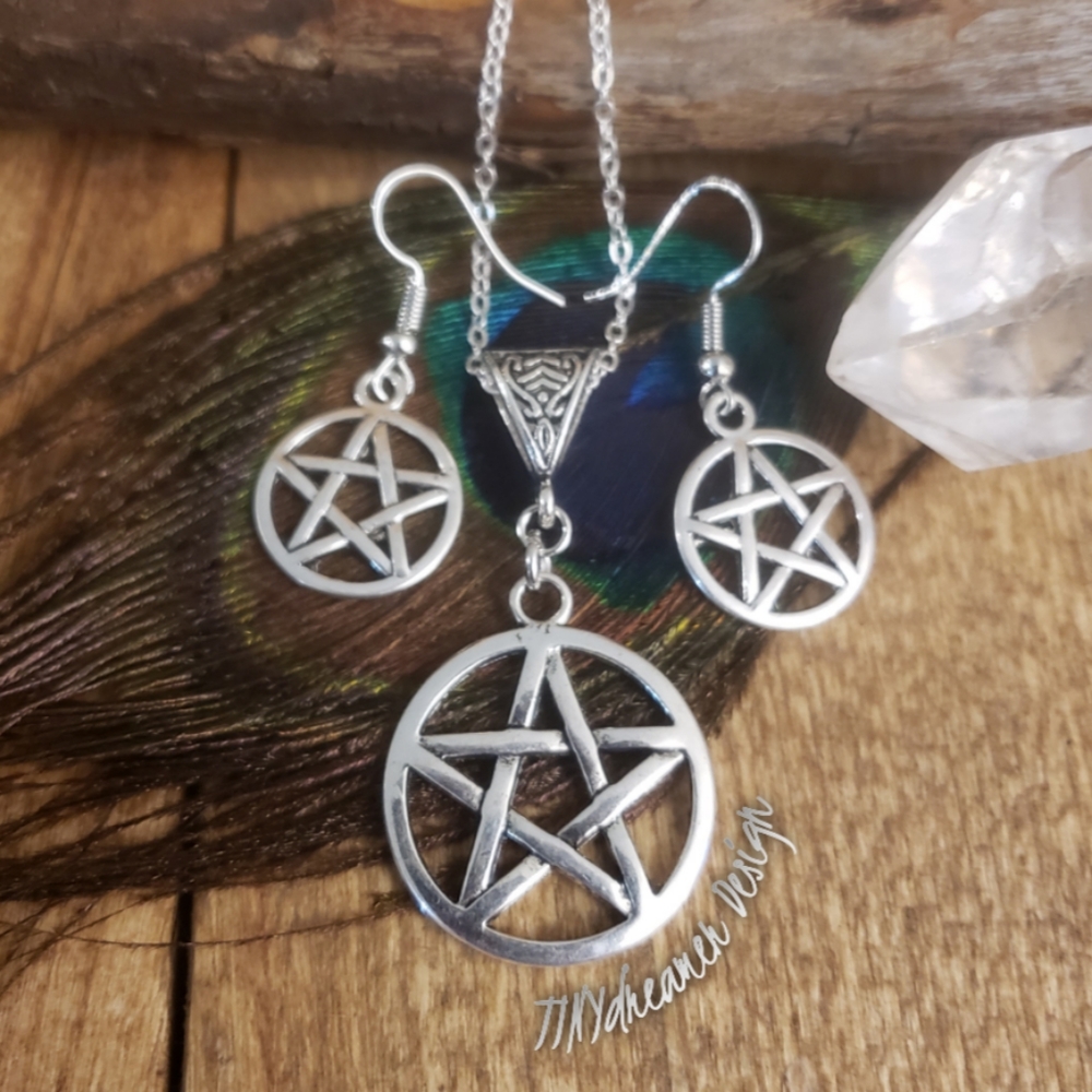 Pentagram Earrings & Pentagram Necklace 925 Wiccan Witch Jewelry Set Witchy Star